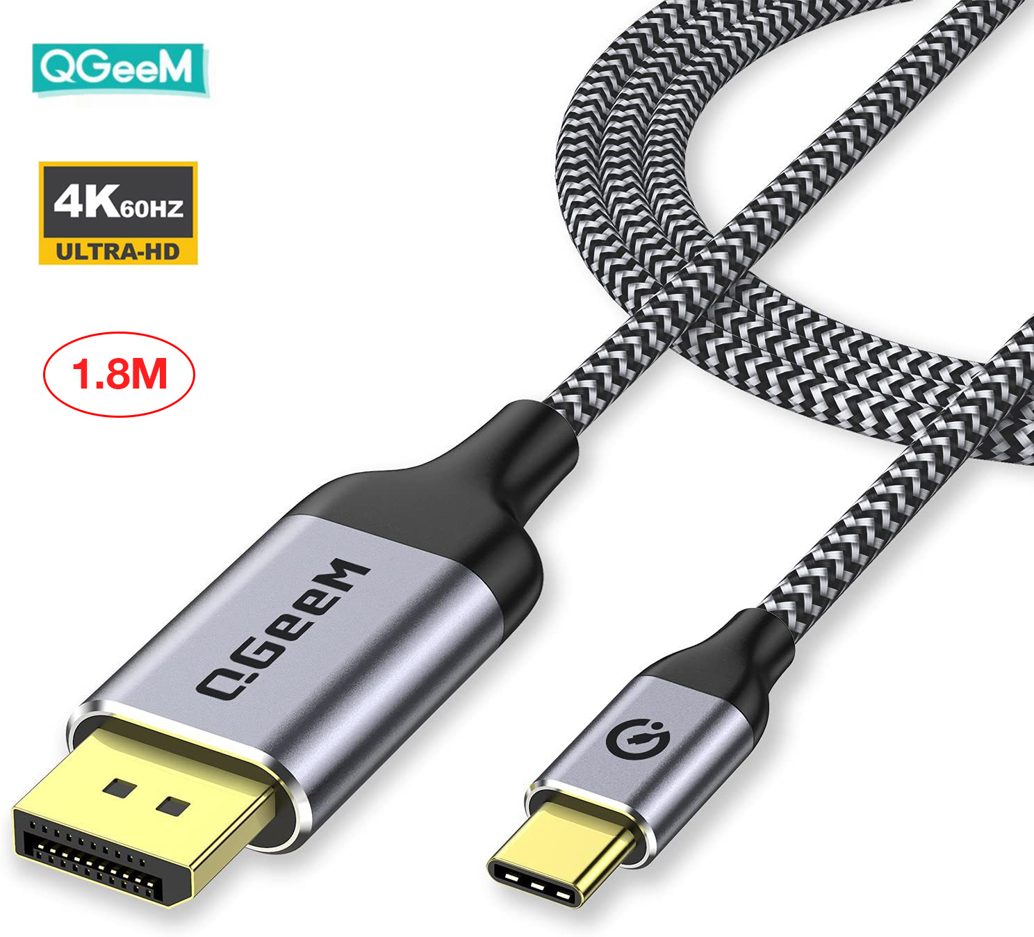 Cáp chuyển đồi Type c sang DisplayPort 4k@60Hz QGeem dài 1,8m dây bện dù cao cấp tương thích cao - Hàng nhập khẩu