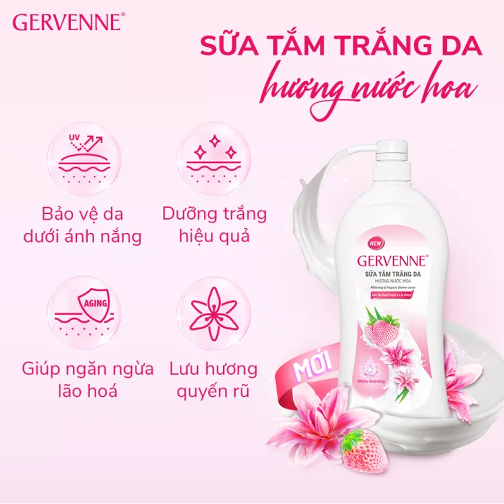 Combo 2 Sữa tắm trắng da hương nước hoa Gervenne Dâu Tây Bạch Tuyết và Lily Hồng 450g/chai