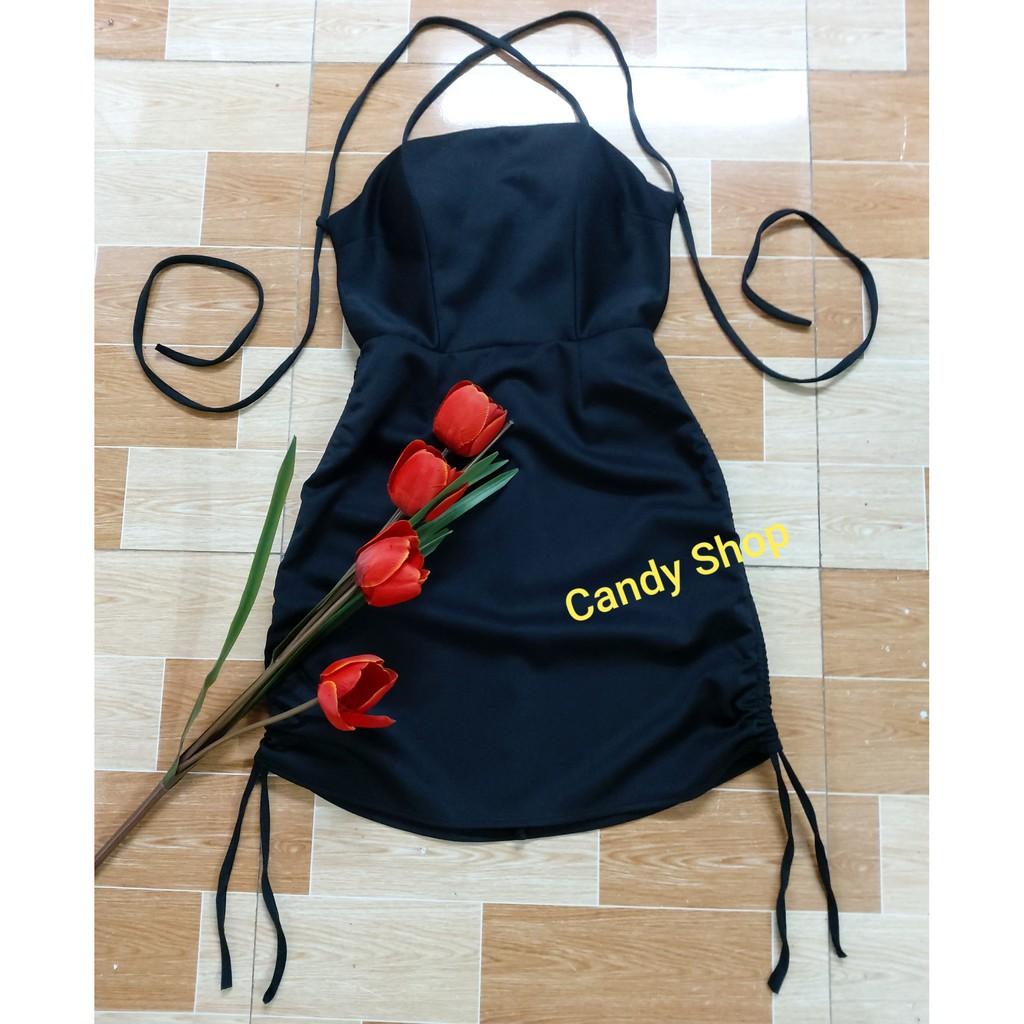 Đầm body rút dây cổ yếm đan dây lưng kèm mút