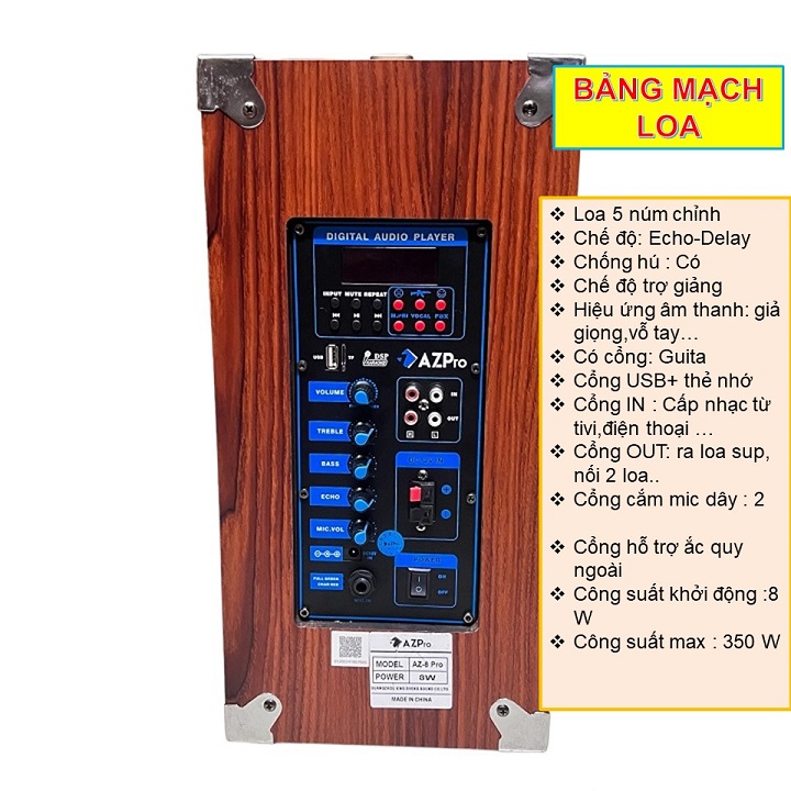 Loa kéo Bluetooth AZPRO,AZ-8-PRO,Bass 20 có chống hú,tặng 2 mic không dây,Hàng chính hãng