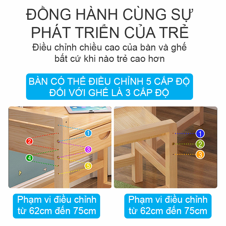 Trọn bộ Bàn ghế ngồi học kèm giá sách gỗ thông nhập khẩu, bền chắc đẹp