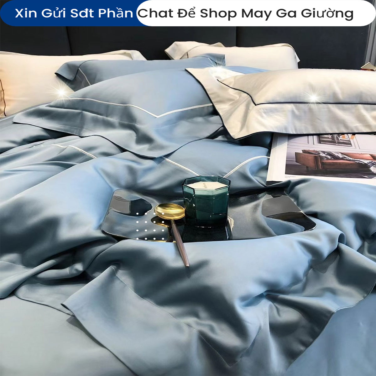 Bộ Chăn Ga Gối Đệm Lụa Tencel 100s Mark Cross 5 Món Cao Cấp Chăn Chần Bông Lụa Mềm