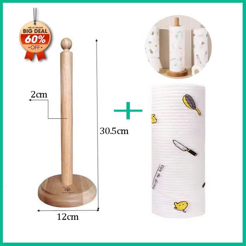 Giấy lau nhà bếp đa năng 50 tờ, Cuộn giấy lau bếp siêu dai giặt tái sử dụng được, Cọc gỗ để cuộn giấy