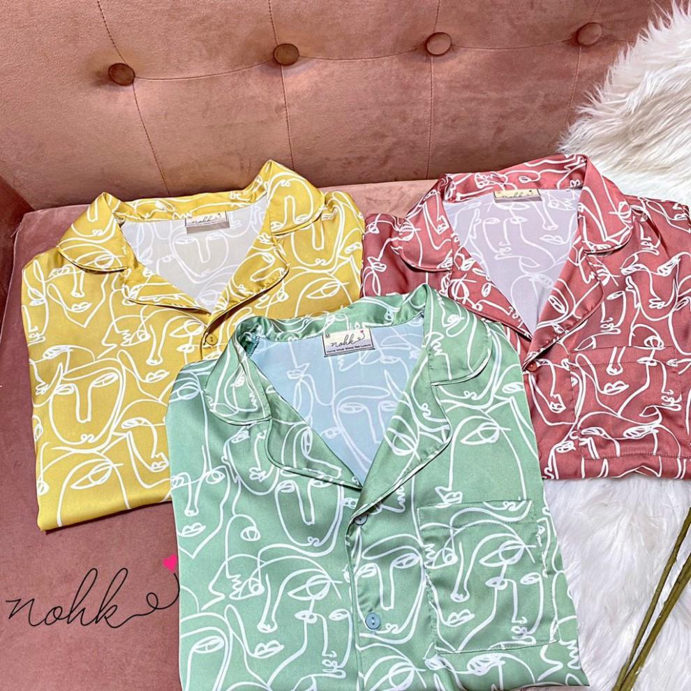 Bộ ngủ Pijama lụa họa tiết mặt người cộc tay cao cấp NOHK