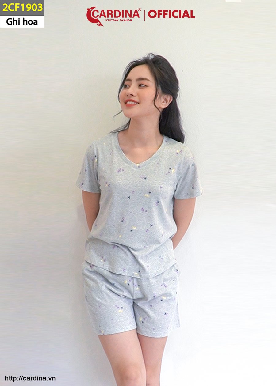 Đồ Bộ Nữ CARDINA Chất Cotton Organic Quần Đùi Áo Cộc Tay Co Giãn Họa Tiết 2CF19