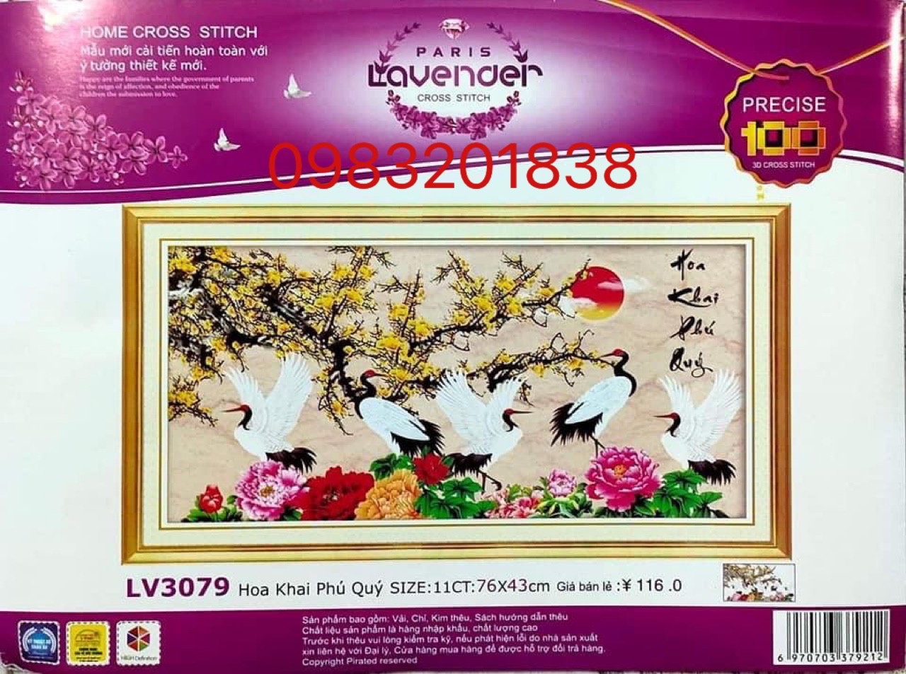 Tranh thêu chữ thập Hoa khai phú quý LV3079, tranh thêu 3D