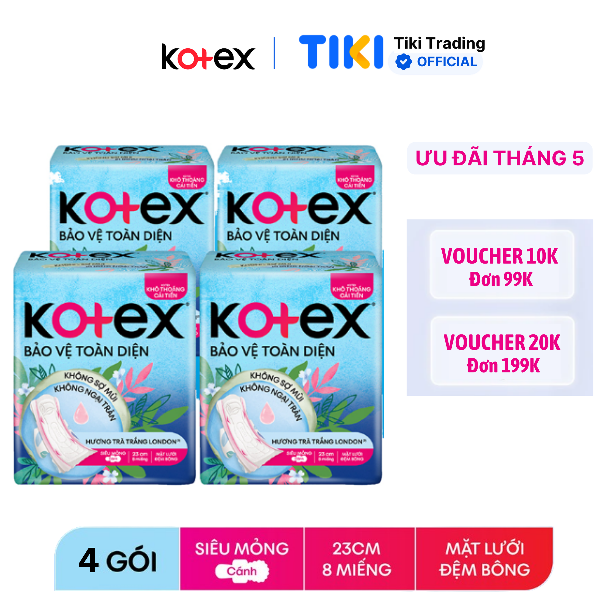 Combo 4 gói Băng Vệ Sinh Kotex Bảo Vệ Toàn Diện 23cm Siêu Mỏng Cánh - Gói 8 miếng