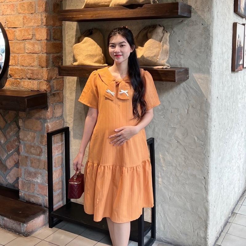Đầm Bầu Phom Đuôi Cá Phối Cổ Thắt Nơ Chất Xốp Hàn, Nhẹ Mát, Dễ Chịu - Hồng