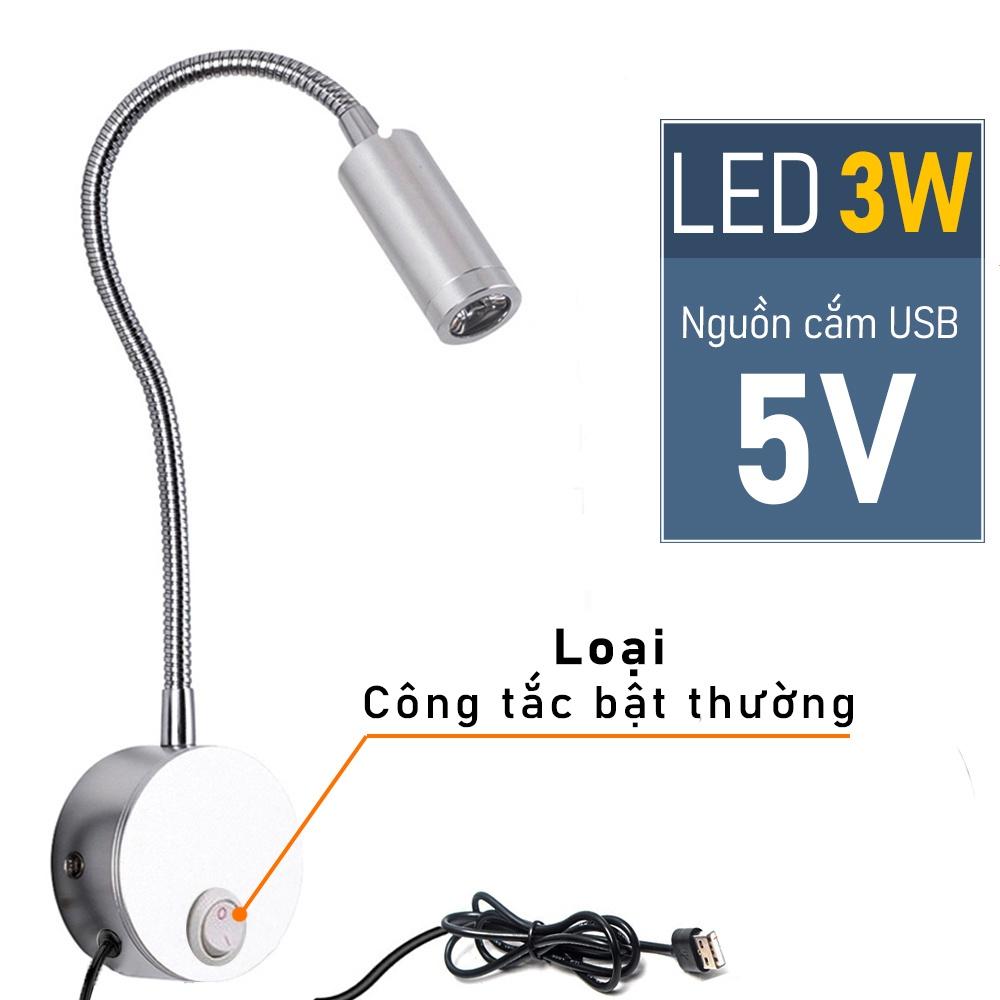 Đèn đọc sách gắn tường đầu giường Led 3W, Nguồn USB 5V, Ánh sáng chiếu rọi điểm, tích hợp đèn ngủ, Đèn soi tranh