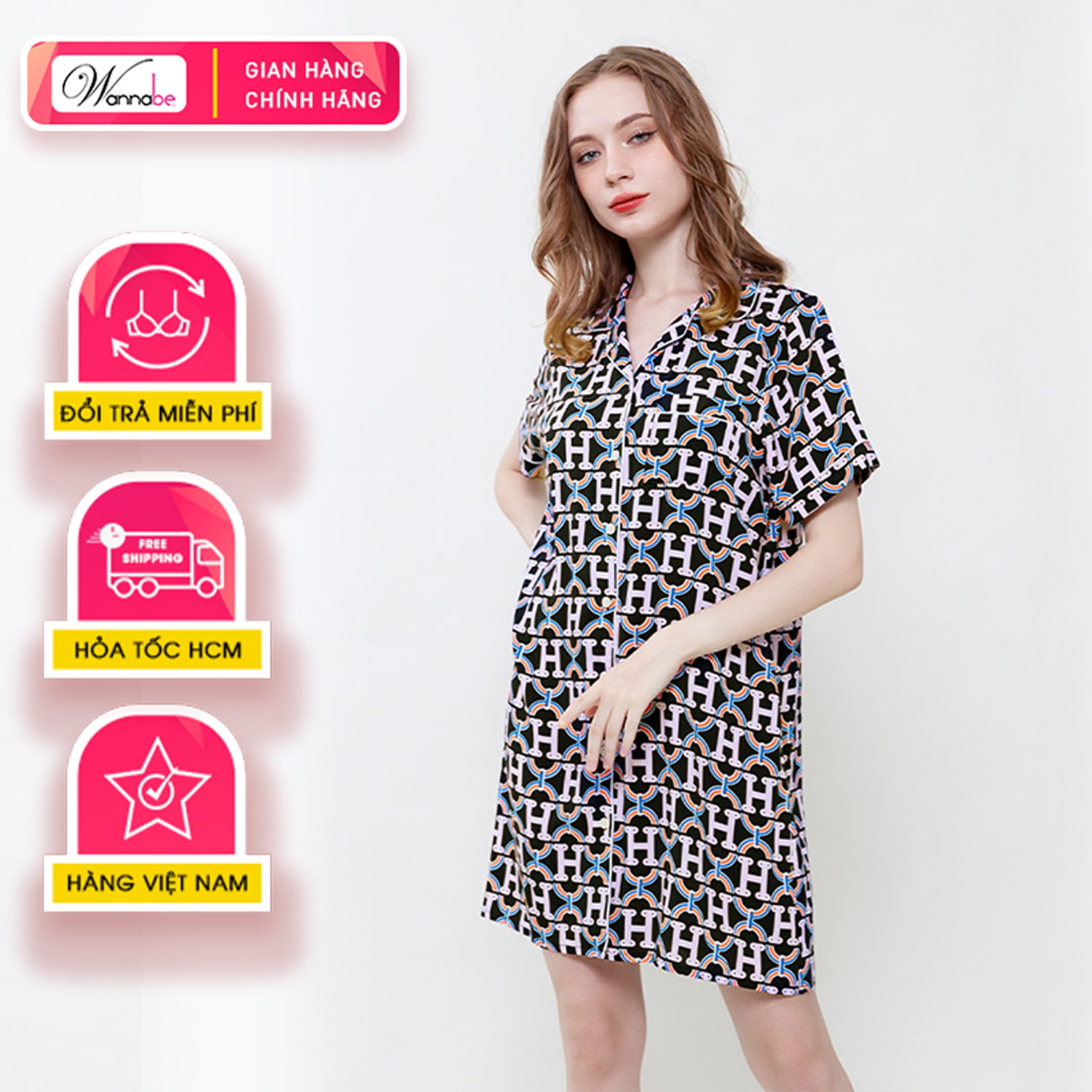 Đầm ngủ sơ mi cao cấp Wannabe DNC19 váy ngủ dáng pijama form suông thoải mái nữ tính vải lanh tole siêu mát