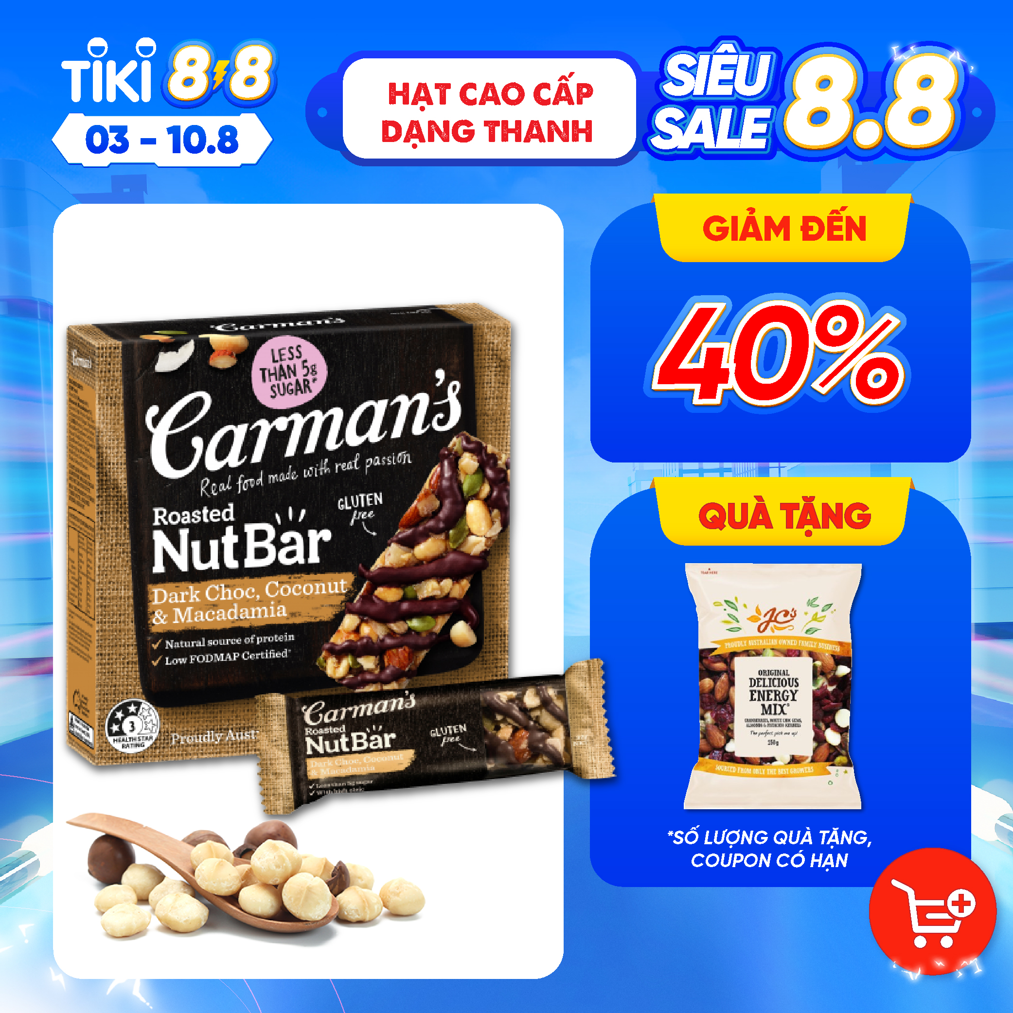 Thanh Hạt Carman's Nut Bar Dark Choc, Coconut, Macadamia - Chocolate đen, Dừa, Hạt Maca - 160g