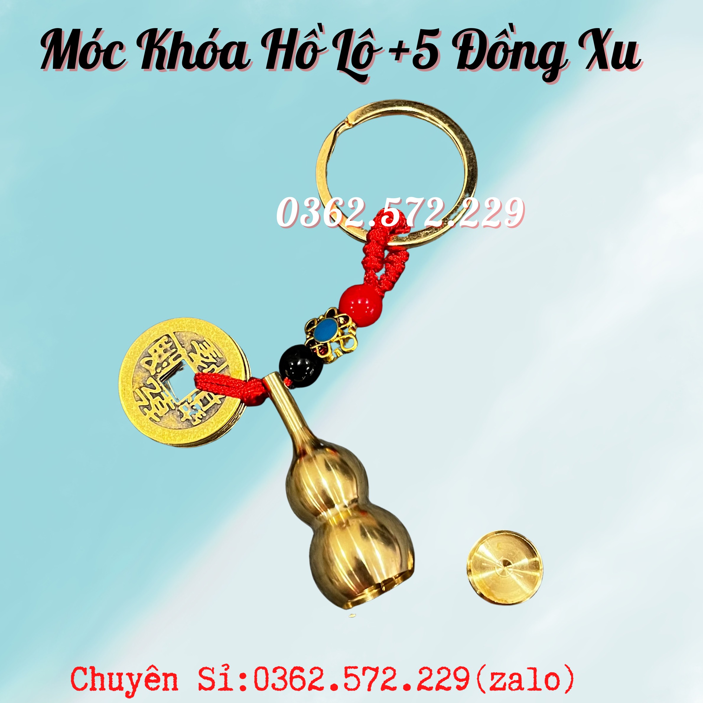 Móc khóa hồ lô đồng và 5 đồng xu phong thủy