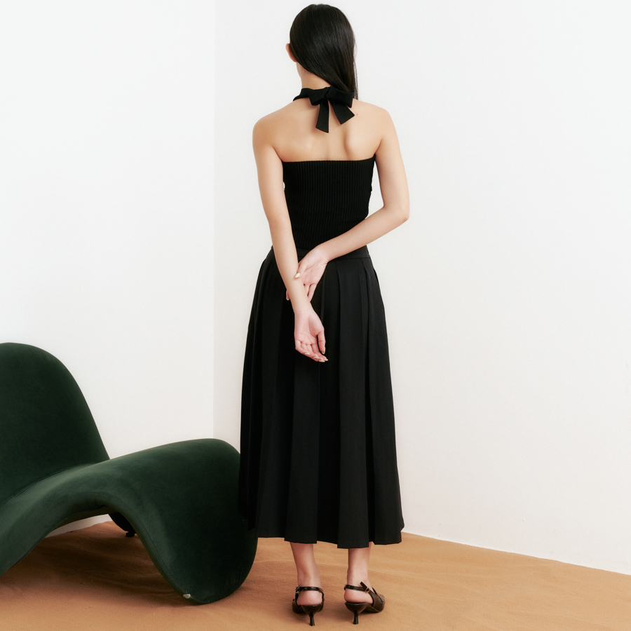 DOTTIE - Chân váy midi dập ly - Đen - S0197