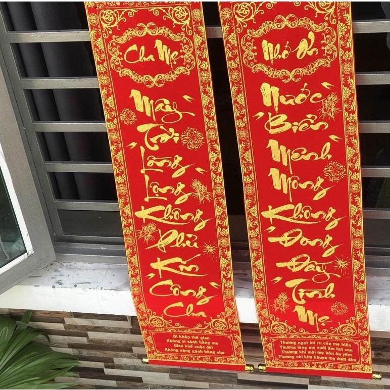 1 đôi câu đối đỏ, liễng trang trí tết in chữ Việt Nam làm từ vải nhung đẹp