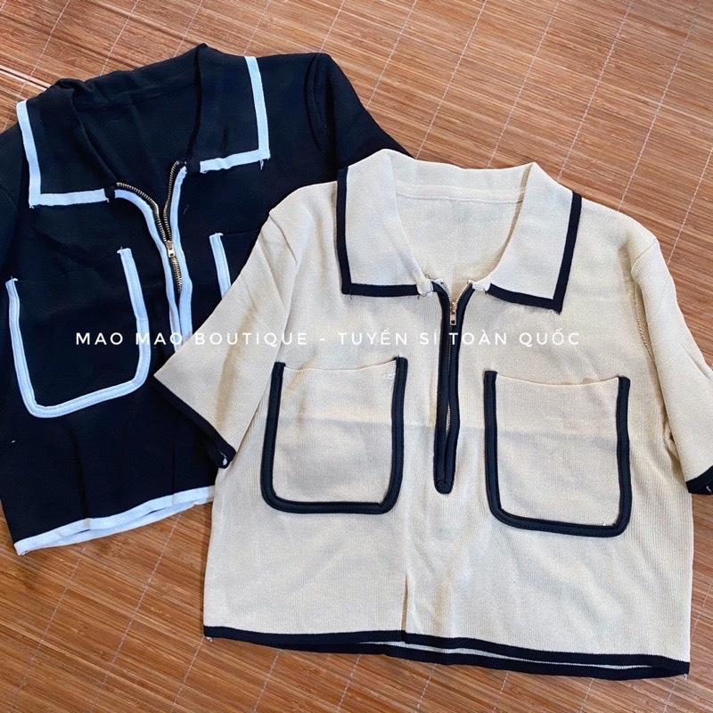 Áo len mongtoghi cổ bẻ khóa phối viền 2 túi ngực style Hàn Quốc A85L Lyn Closet