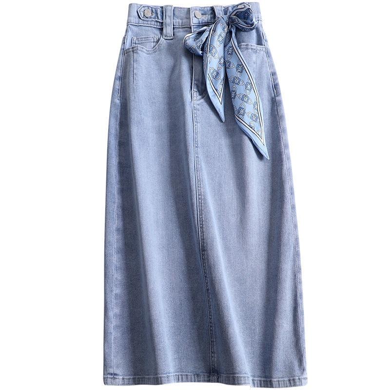 Chân Váy Denim Dài Lưng Cao Phối Ruy Băng Xinh Xắn Thời Trang