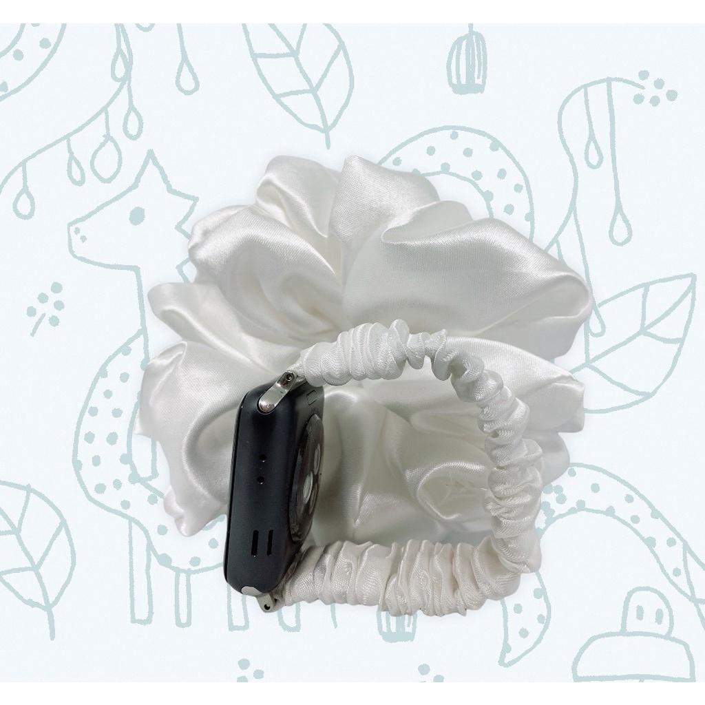 Combo dây đồng hồ apple watch và scrunchies dây cột tóc, buộc tóc vải satin lụa TRẮNG Noel