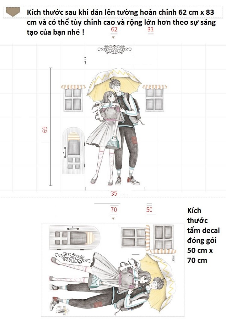 Decal dán tường cặp đôi anime đáng yêu