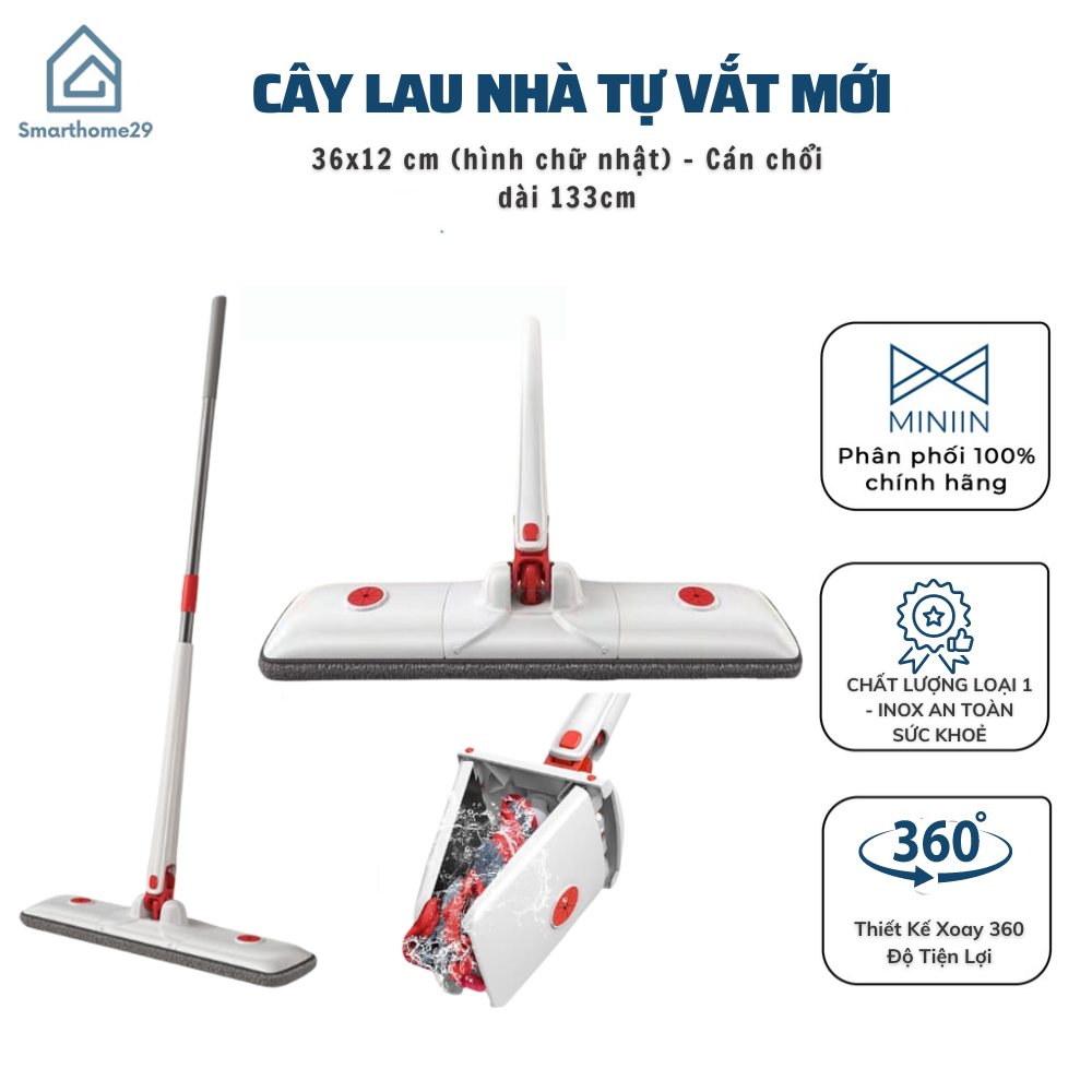 Cây Lau Nhà Tự Vắt Thông Minh Bản Ngang, Chổi Lau Nhà Tự Vắt Thông Minh Thiết Kế Xoay 360 Độ Tiện Lợi - HÀNG CHÍNH HÃNG MINIIN