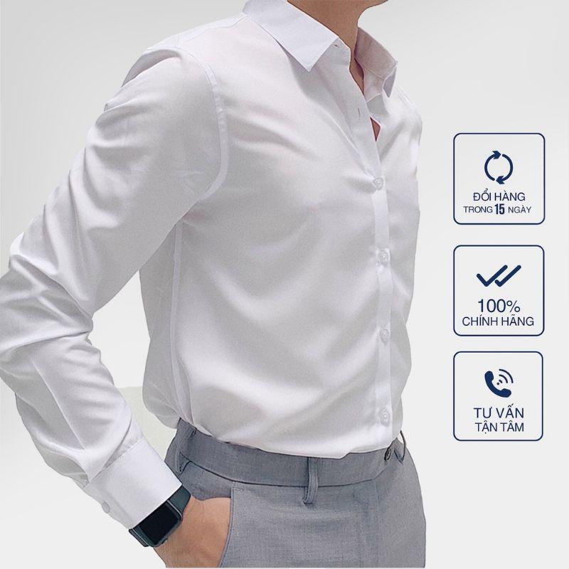 Áo sơ mi nam trơn dài tay, áo sơ mi trắng gấp hộp công sở chất liệu cotton mịn cao cấp