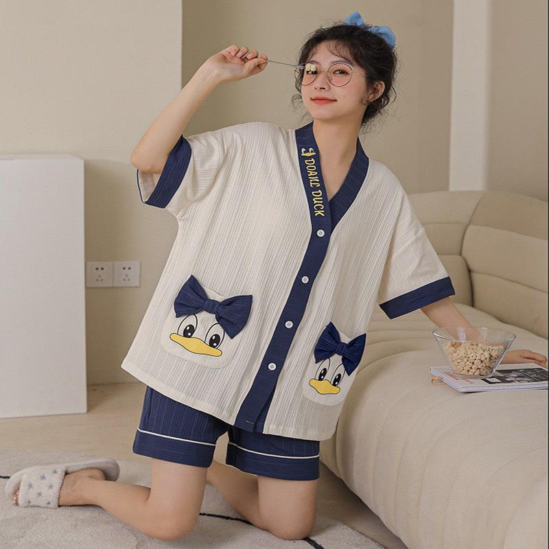 Bộ Ngủ Cộc Tay Quần Sooc Cotton- Đồ Ngủ Cổ V Cài Khuy Mềm Mại Hàng Loại Đẹp