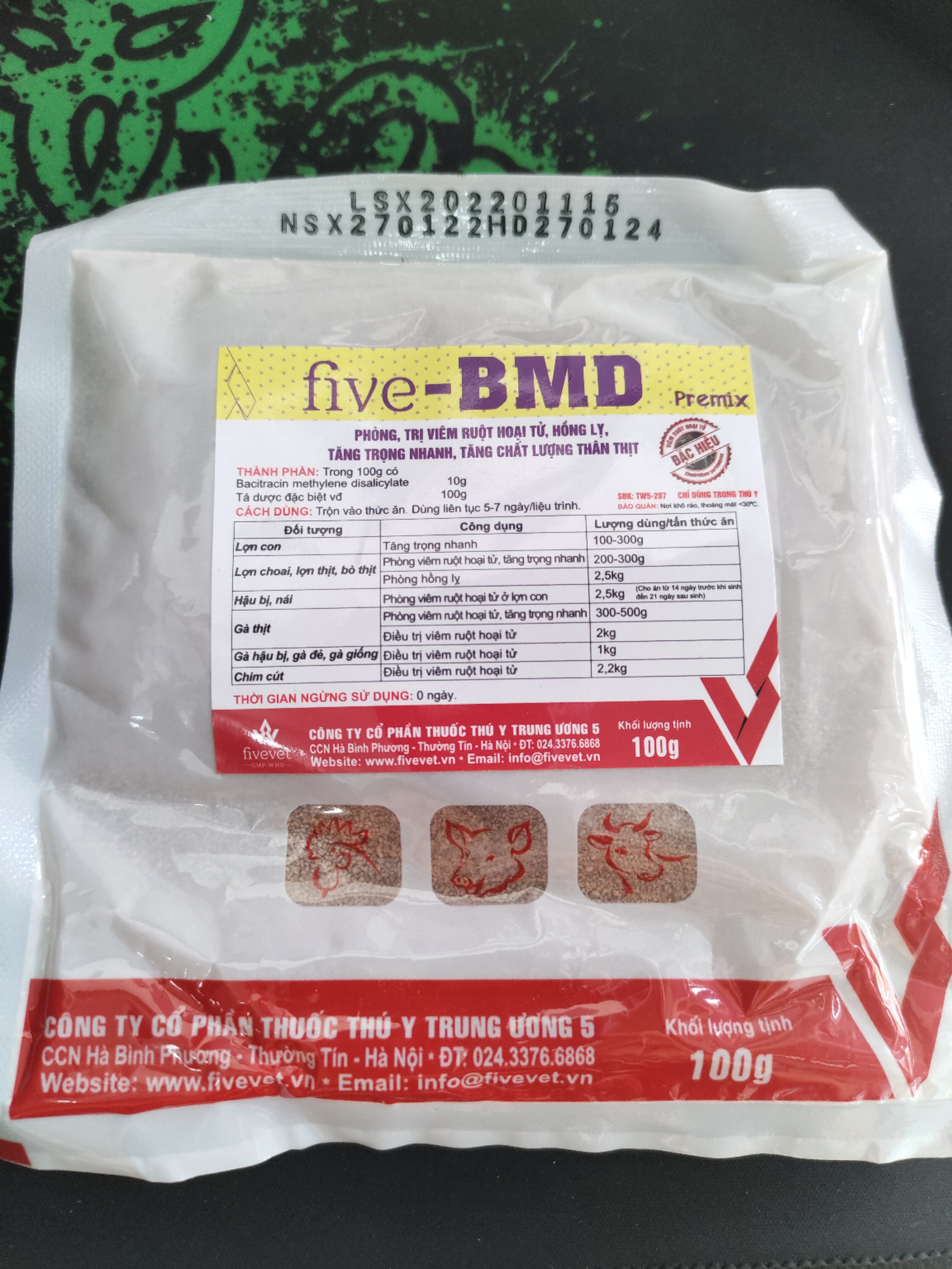 Five BMD Premix phòng t.rị bệnh viêm ruột hoại tử, hồng lị, tăng trọng nhanh, tăng chất lượng thịt