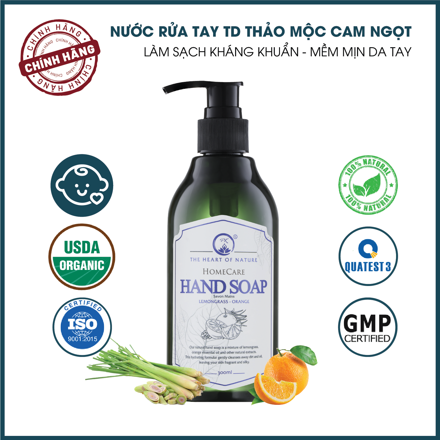 Nước Rửa Tay Tinh Dầu Thảo Mộc Hữu Cơ Organic PK 300ML - Tiêu diệt 99.9% vi khuẩn gây bệnh - Hương thơm tinh dầu nhẹ nhàng - Mềm mại cho da tay mẹ, an toàn cho bé.