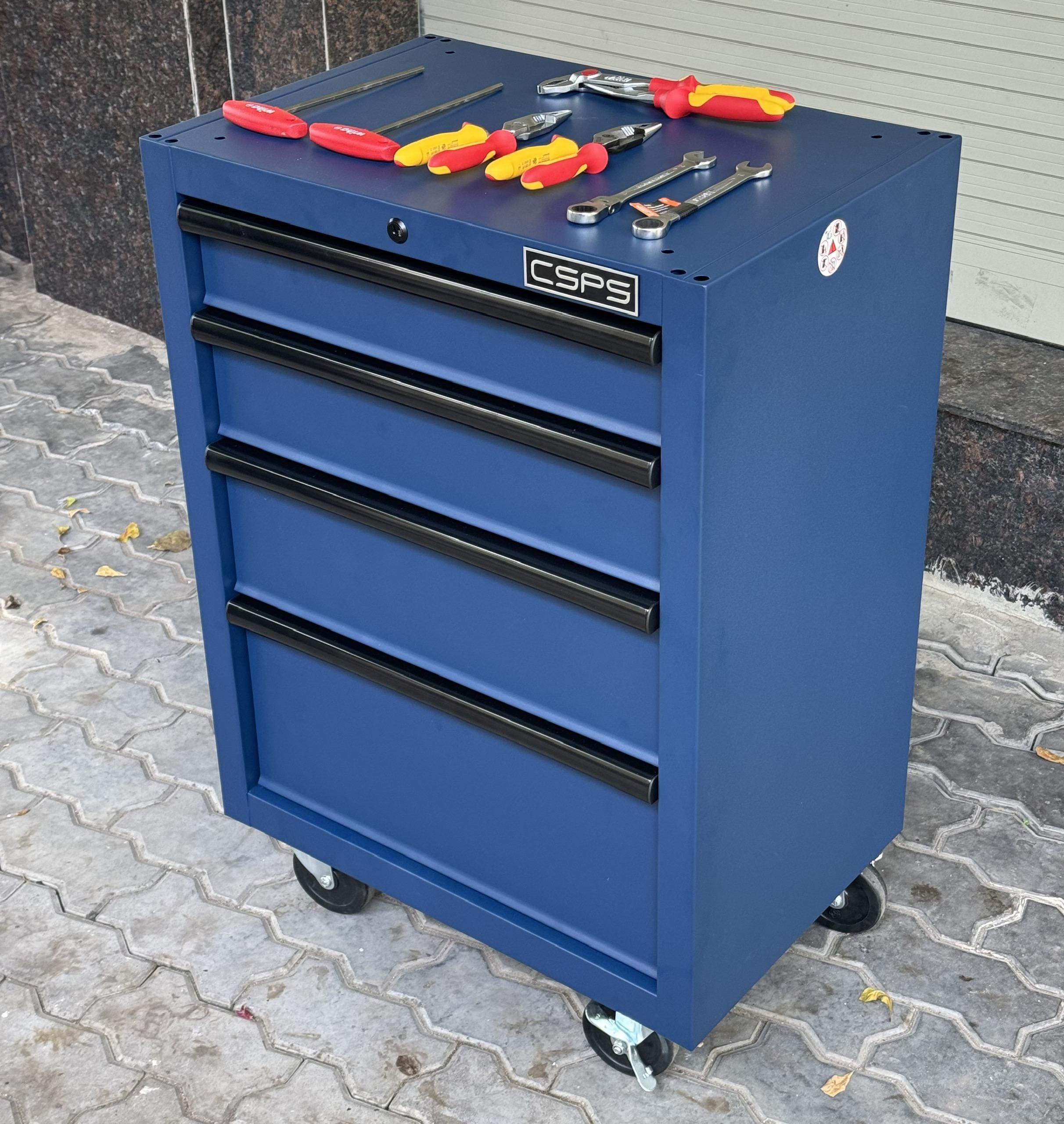 Tủ dụng cụ CSPS 61cm - 04 hộc kéo màu xanh dương kèm bánh xe Fbn 12cm
