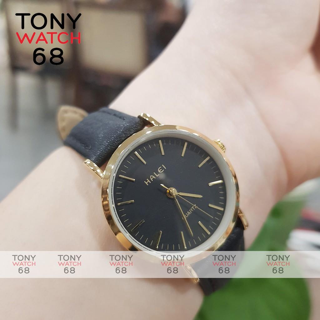 Đồng hồ nữ Halei dây da nâu mặt số vạch chính hãng Tony Watch 68