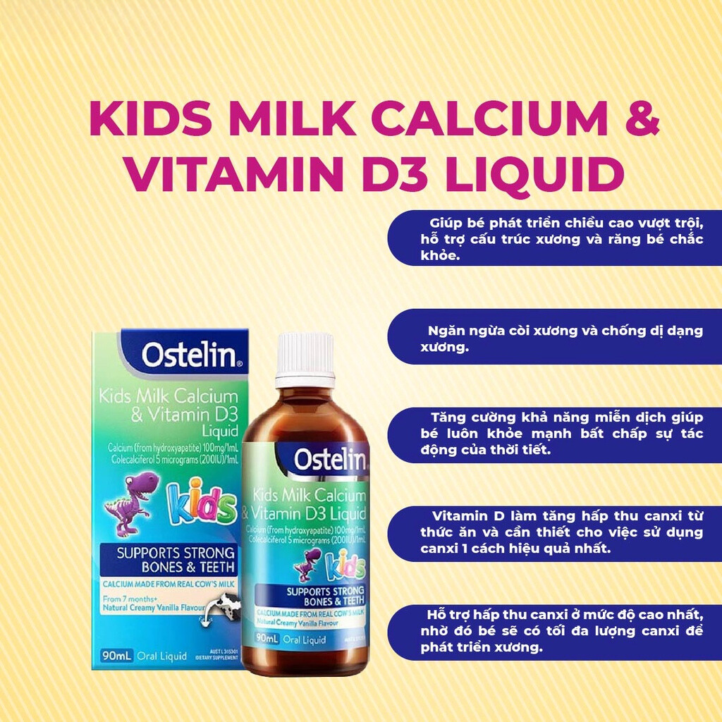 Vitamin D3 200IU và Canxi dạng nước cho bé Ostelin Kids Milk Calcium &amp; Vitamin D3 Liquid 90ml của Úc