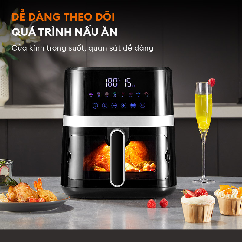 Nồi chiên không dầu cảm ứng 6.5L cửa kính Gaabor AF65T-BK01A công suất 1500W trong suốt có đèn, màn hình cảm ứng - Hàng chính hãng