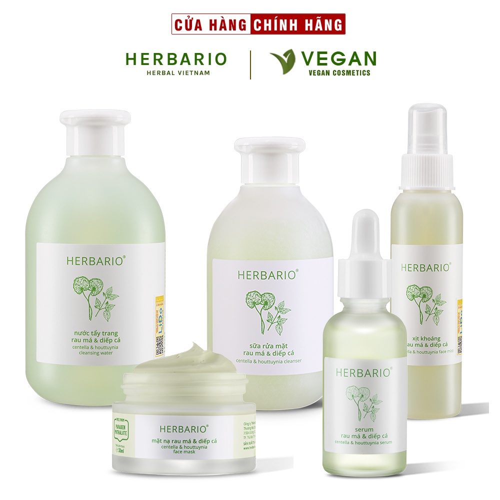 Bộ 5 Chăm Sóc Da Rau má và Diếp cá Herbario: Nước tẩy trang 300ml + Sữa rửa măt 200ml + Xịt khoáng 100ml +Mặt nạ 30ml+Tinh chất 30ml