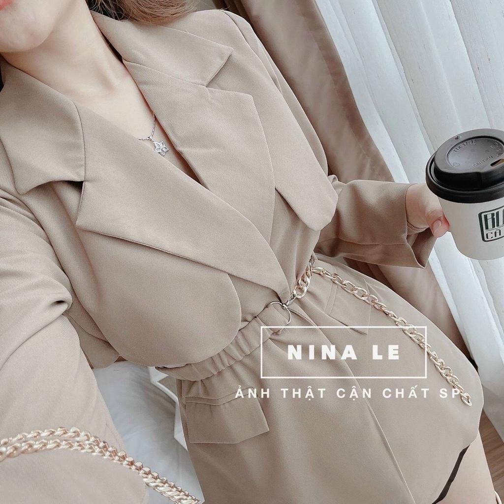 FREE SHIP Sét Bộ Đồ Nữ Áo Cổ Vest Dài Tay Có Dây Nịt Bụng Kèm Quần Short Thiết Kế Sang Chảnh KIM GIA DS