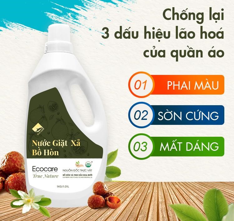 Nước giặt xả hữu cơ Bồ Hòn tinh dầu Hoa Bưởi ECOCARE 1 lít - Bền màu, giữ dáng, làm mềm vải, an toàn da nhạy cảm