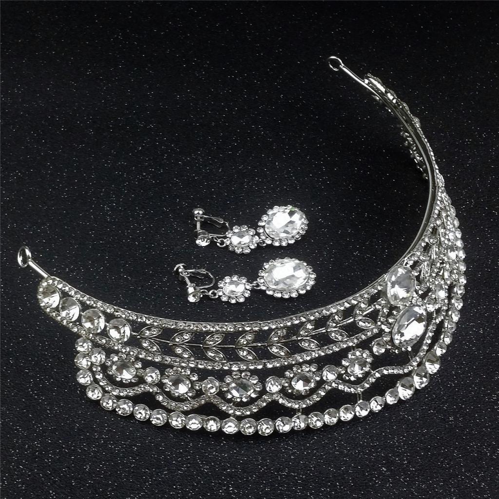 Wedding Diamante Rhinestone Baroque Tiara Crown Earrings Jewelry Set