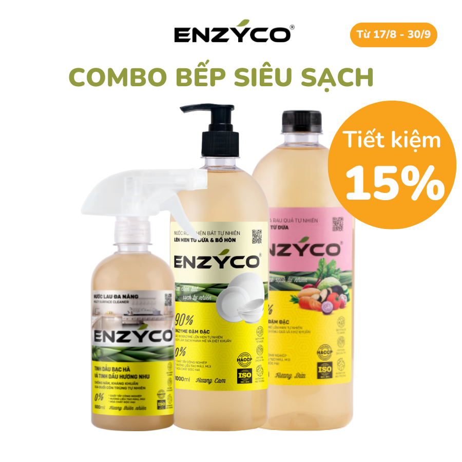 Combo Bếp Siêu Sạch - Nước Ngâm Rau Củ, Nước Rửa Bát Và Nước Lau Đa Năng Sinh Học ENZYCO 90% Enzyme Từ Dứa và Bồ Hòn Dishwashing liquid