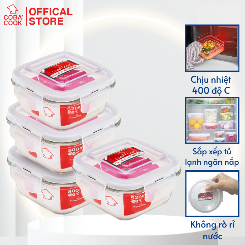 Bộ 4 hộp thủy tinh hình vuông trữ thực phẩm chịu nhiệt 2 hộp 800ml 2 hộp 520ml COBA'COOK-CCS8S54