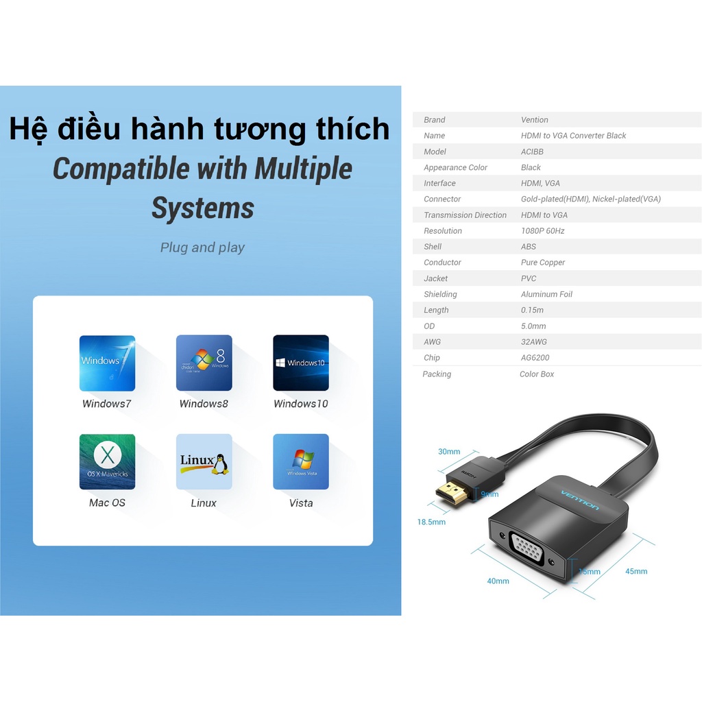 Cáp chuyển đôi tín hiệu HDMI male ra VGA female 15cm Vention 74345 (dây dẹp) - Hàng chính hãng