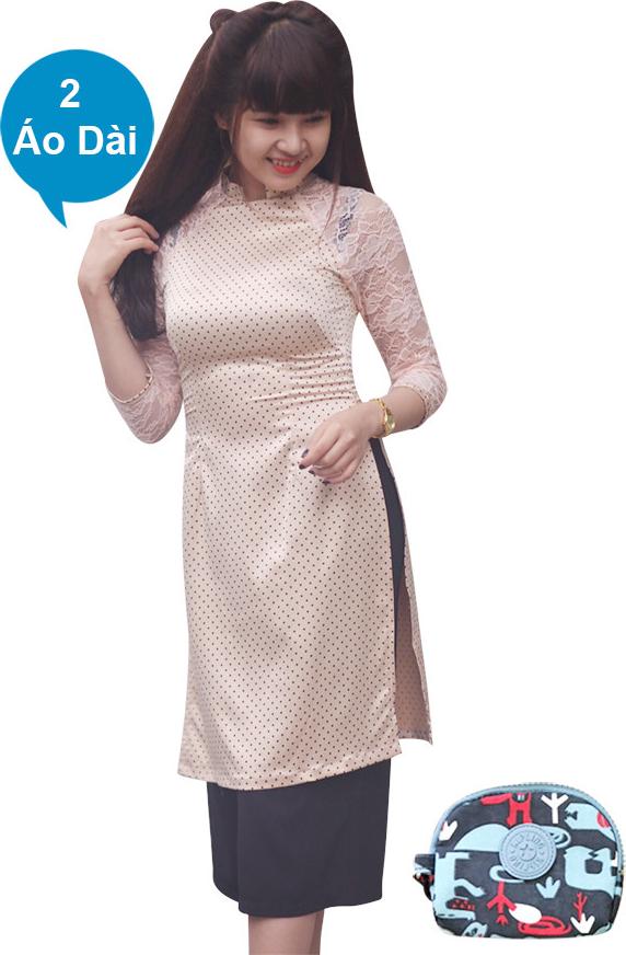 Combo 2 Áo Dài Lụa Chấm Bi FATRALY - Nude + Ví Cầm Tay