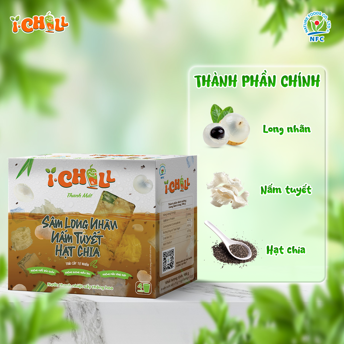 iChill Sâm Long Nhãn Nấm Tuyết Hạt Chia Nước Thanh Nhiệt Sấy Thăng Hoa Từ Trái Cây Tự Nhiên 4 Gói X Hộp, Không Chất Bảo Quản, ISO 22000, HACCP, BRC