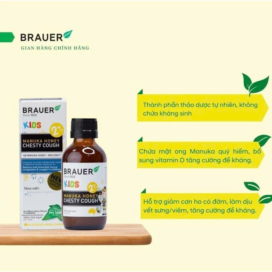 Sirop Brauer Manuka Honey Chesty Cough 100ml hỗ trợ giảm ho có đờm cho trẻ từ 2 tuổi