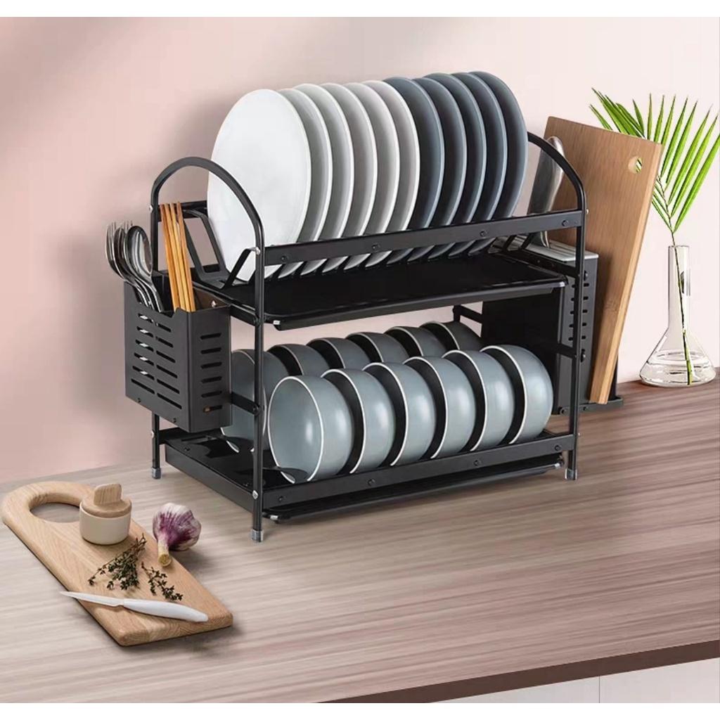 Kệ đựng chén bát 3 trong 1 có kèm ống đũa, khay gài dao thớt thiết kế 2 tầng bằng inox sơn tĩnh điện