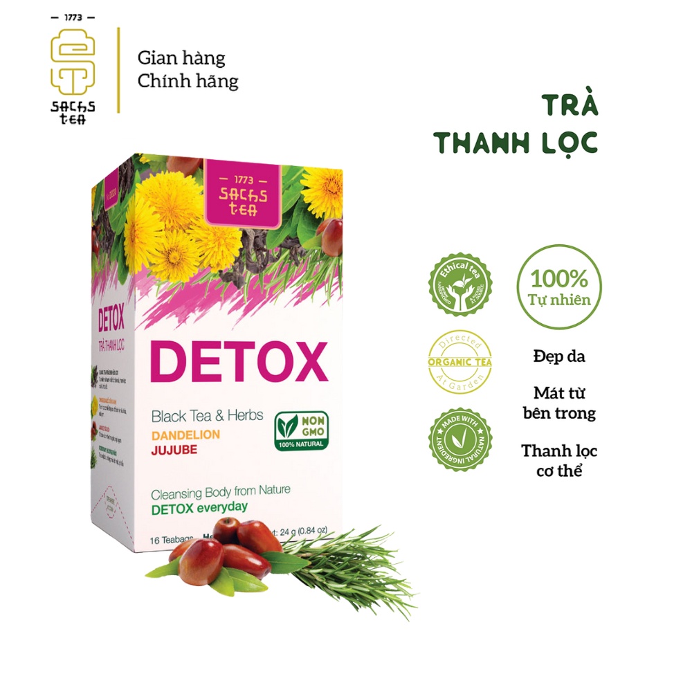 Trà Detox thanh lọc | Gồm thảo dược quý Hồng trà, Táo đỏ, Bồ công anh, Ngưu bàng, Thảo quả, Kim Ngân hoa | Hộp 16 túi lọc lớn chất liệu nhập khẩu Nhật Bản