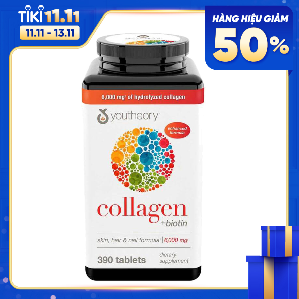 Collagen Vitamin C Youtheory Mỹ Tạo Sức Khỏe Từ Bên Trong Cho Da, Tóc, Móng, Gân, Dây Chằng, Sụn, Khớp Xương, Tim Mạch Và Tăng Hệ Miễn Dịch - Hộp 390 Viên