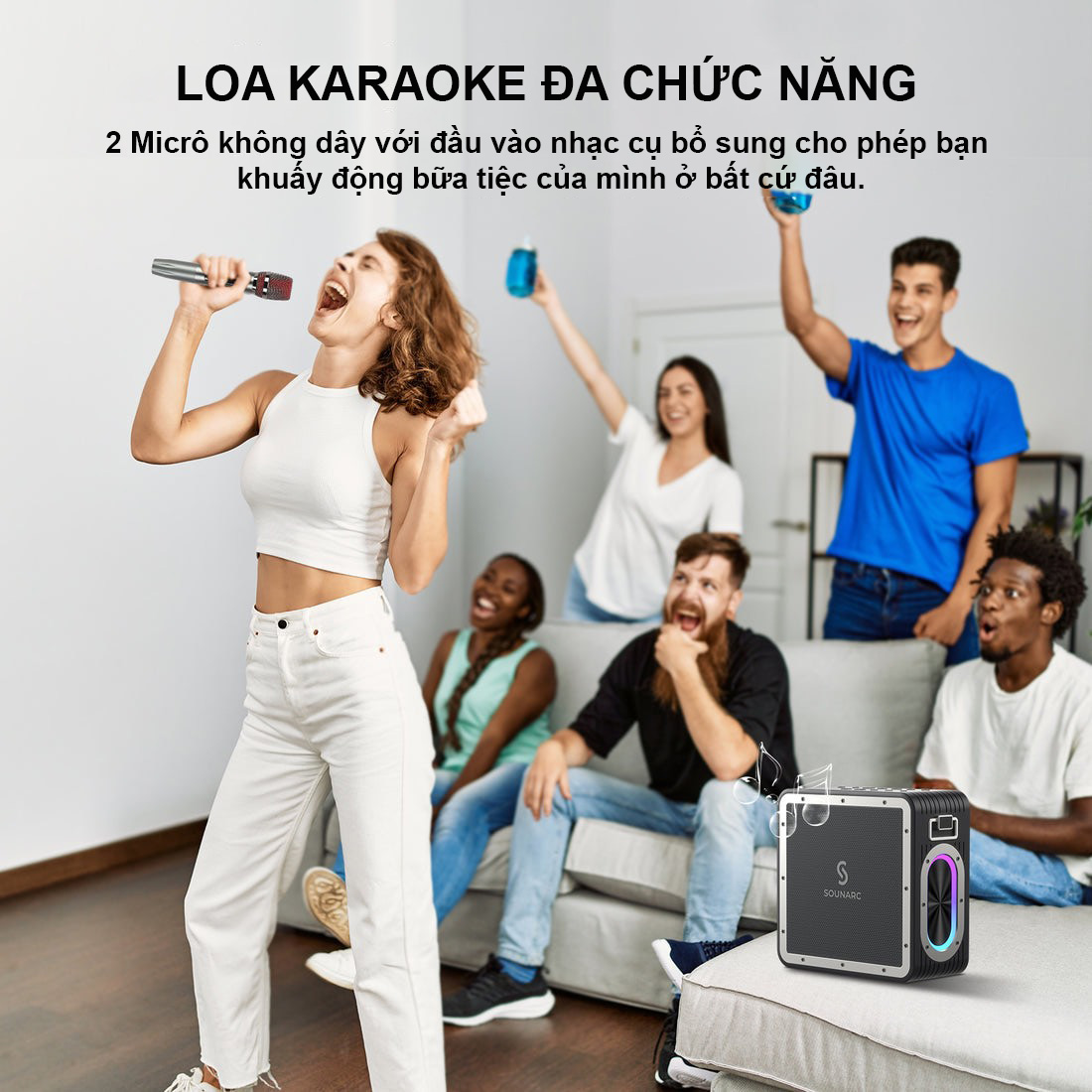 Loa Karaoke Bluetooth 5.0 SOUNARC A3 PRO Kèm 2 Micro Không Dây Và Điều Khiển Từ Xa, Công suất 160W, Pin Tích Hợp 24000mAh, Chống Nước IPX6 - Hàng chính hãng