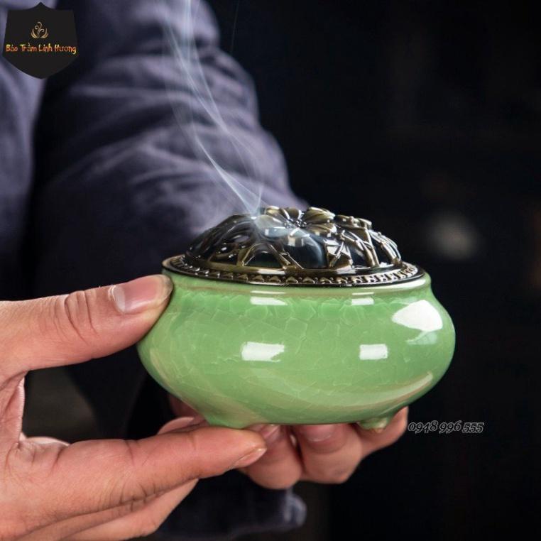 Lư Xông Trầm Hương - Đỉnh Đốt Nhang Bằng Gốm Vân Rạn Cao Cấp Thiết Kế Tinh Xảo Kèm Lót Bông Đế Chống Cháy bao_tram_linh_