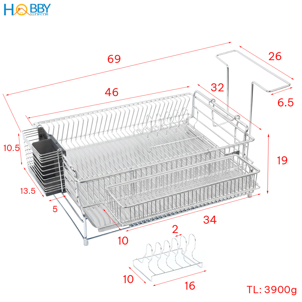 Kệ chén đa năng 1 tầng có khay hứng nước inox 304 Hobby home decor KC10