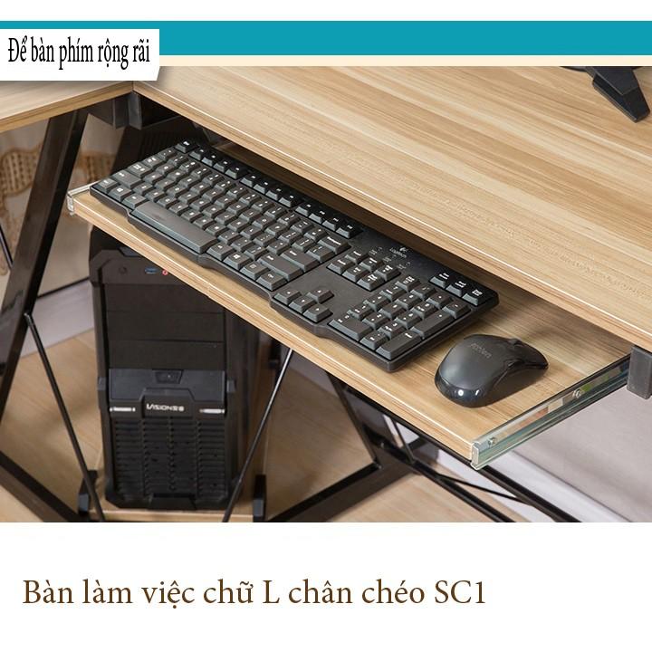 Bàn làm việc chữ L chân chéo gỗ cao cấp, bàn góc chữ L phong cách hiện đại kích thước 120x100x48