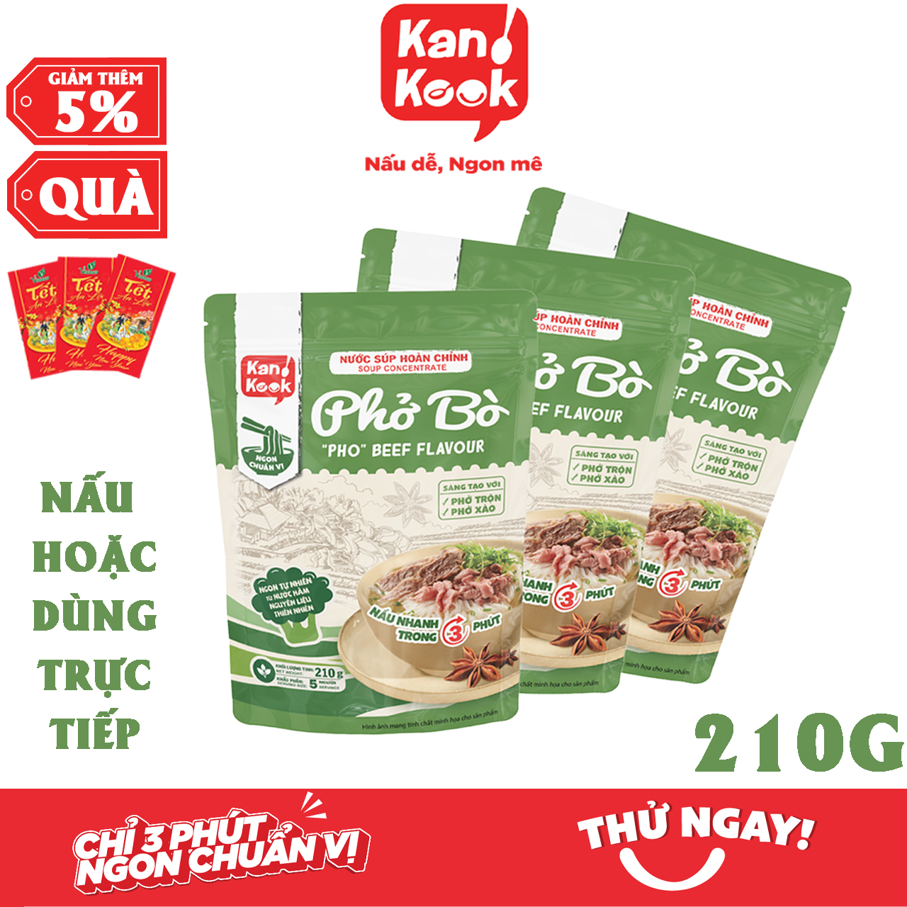 Nước Xốt (Sốt) Cô Đặc Vị Phở Bò KanKook Gói 210g Nấu/Trộn Ăn Liền Vị Hoàn Chỉnh Chuẩn Vị Phở Sài Gòn