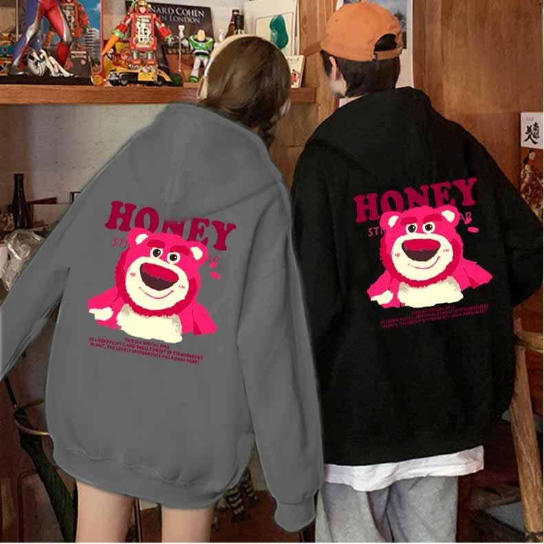 ÁO KHOÁC NỈ BÔNG NỮ ÉP HÌNH GẤU DÂU HỒNG HONEY ĐƠN GIẢN TRẺ TRUNG -ÁO HOODIE TRÒNG ĐẦU ĐÁNG YÊU XINH XẮN GẤU HONEY